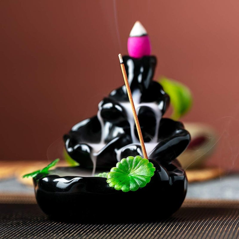 VVMONE Cute Ceramic Backflow Incense Holder Waterfall Incense Burner with 48 Incense Cones and 30 Incense Stick, Incense Fountain for Home Decor, Desk Decor(Black) - Image 4
